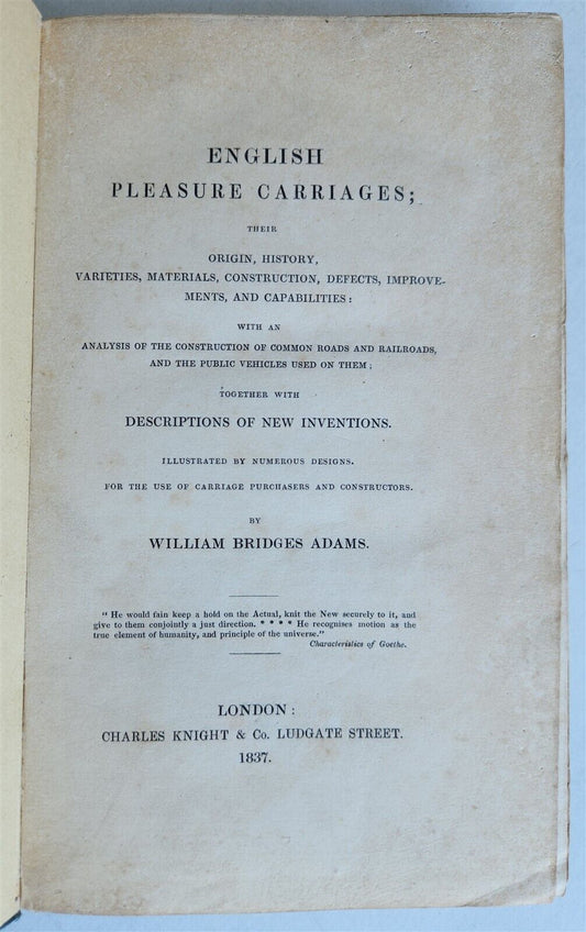 1837 ENGLISH PLEASURE CARRIAGES by William Bridges Adams antique ILLUSTRATED