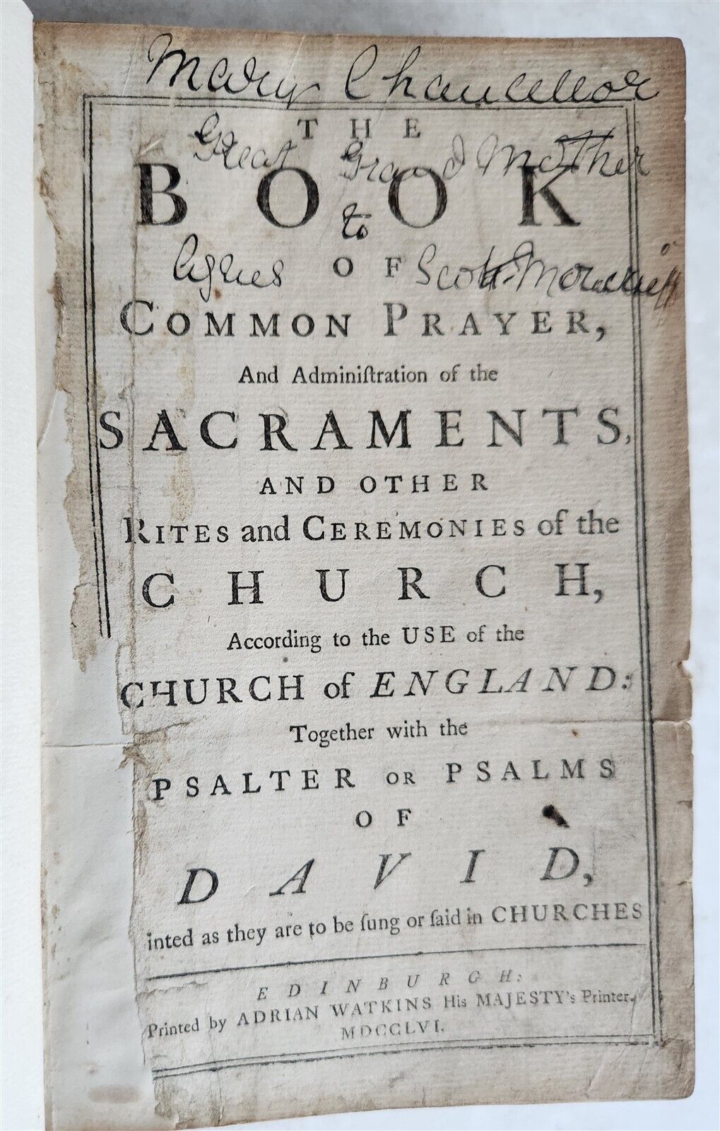 1756 BOOK of COMMON PRAYER w/ PSALTER in ENGLISH antique