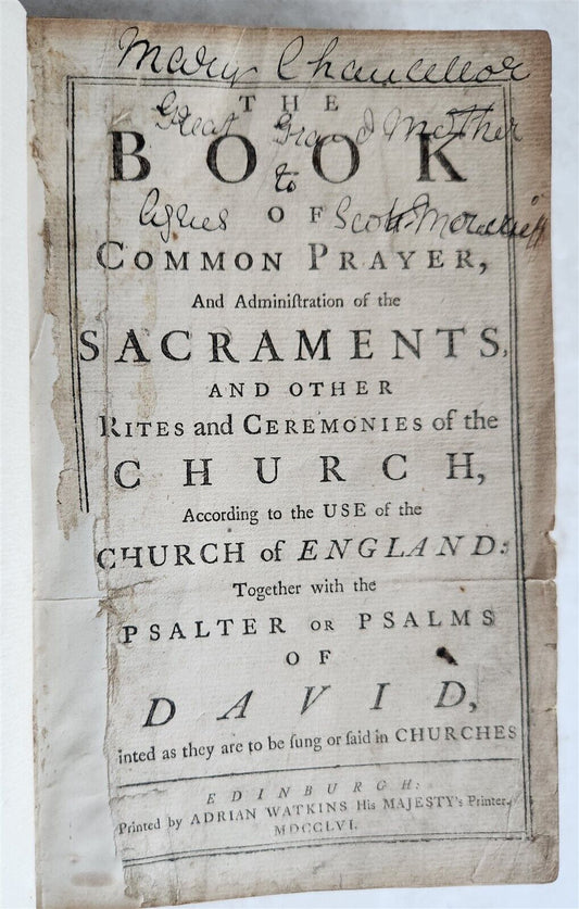 1756 BOOK of COMMON PRAYER w/ PSALTER in ENGLISH antique