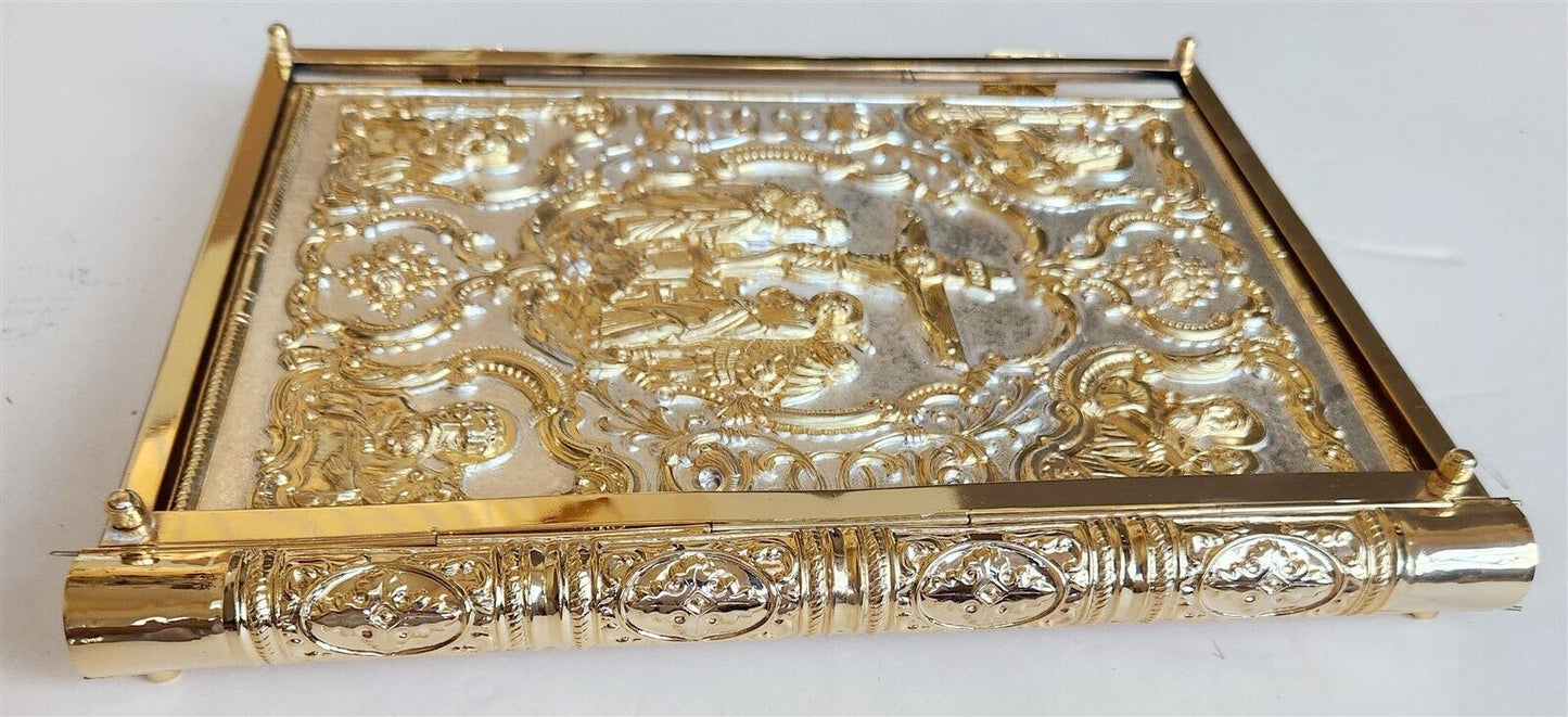 GREEK RUSSIAN ORTHODOX CHURCH GOSPEL GILT BRASS COVERS folio VINTAGE Bible