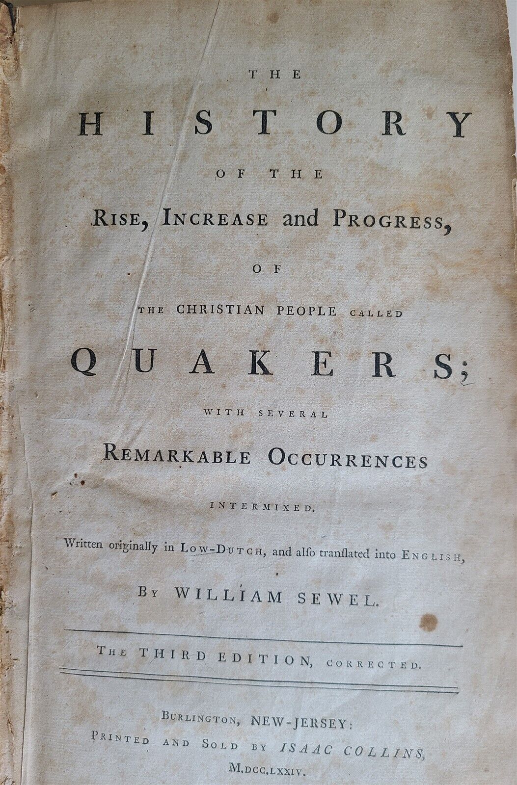 1774 HISTORY of QUAKERS by WILLIAM SEWEL antique AMERICANA Burlington NJ FOLIO