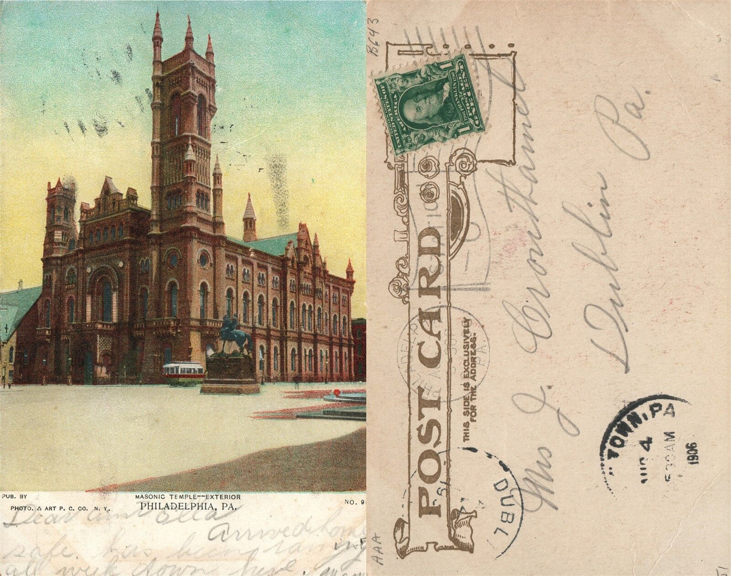 PHILADELPHIA PA MASONIC TEMPLE 1906 UNDIVIDED ANTIQUE POSTCARD