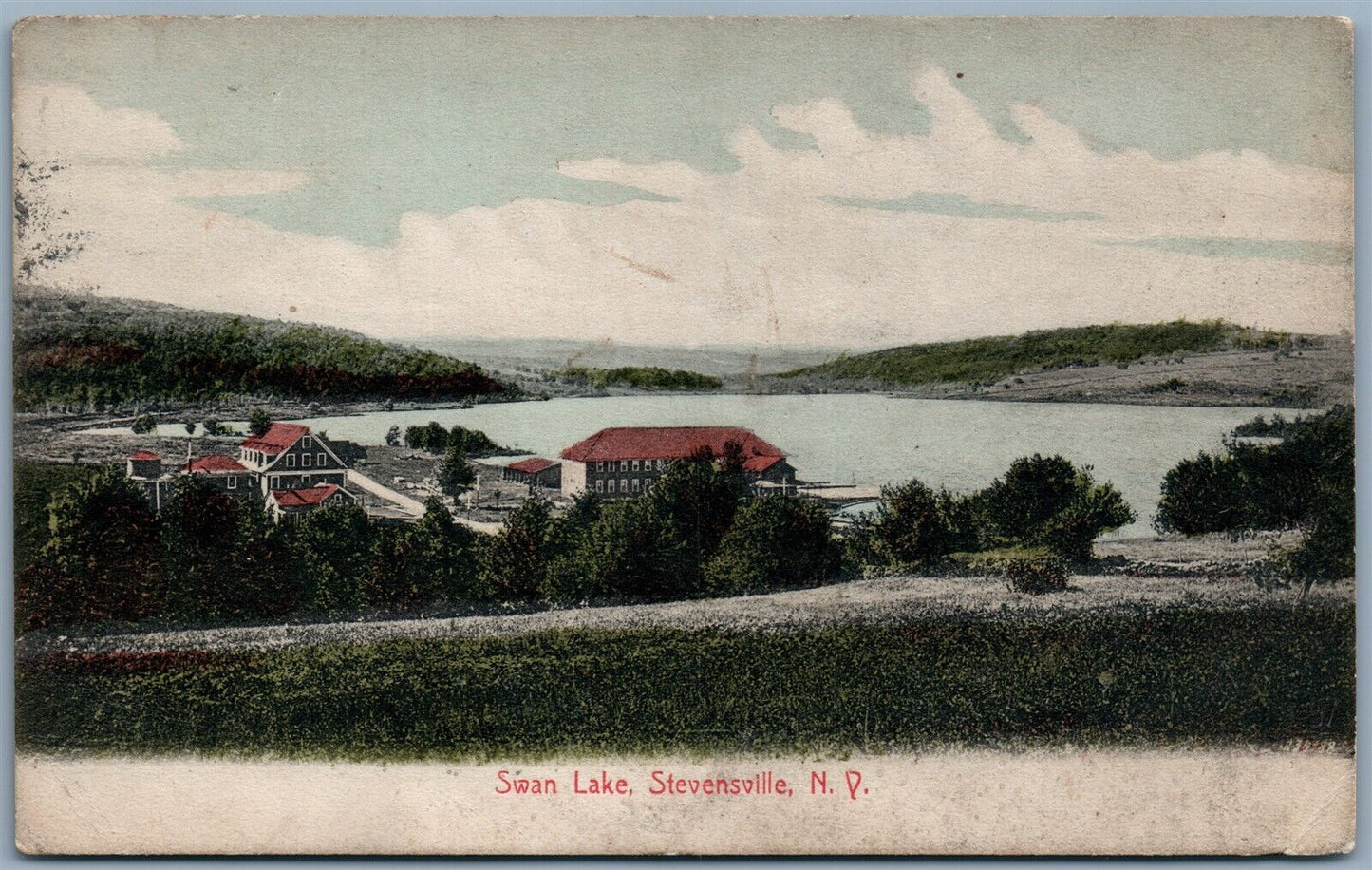 STEVENSVILLE NY SWAN LAKE 1908 ANTIQUE POSTCARD