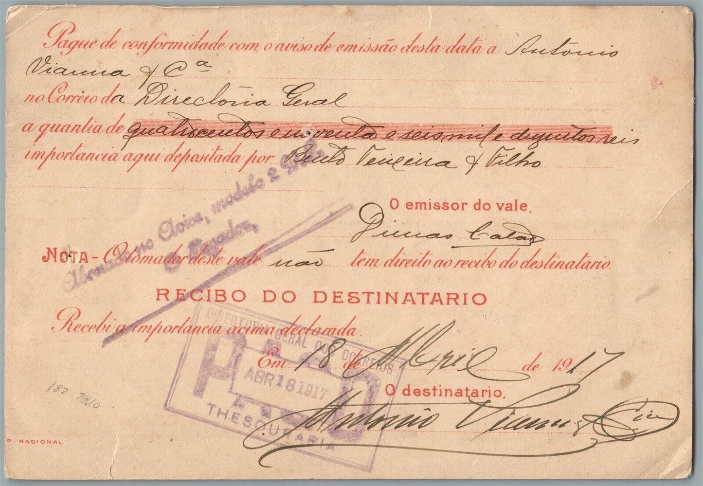 BRAZIL 1917 ANTIQUE POSTCARD w/ STAMPS