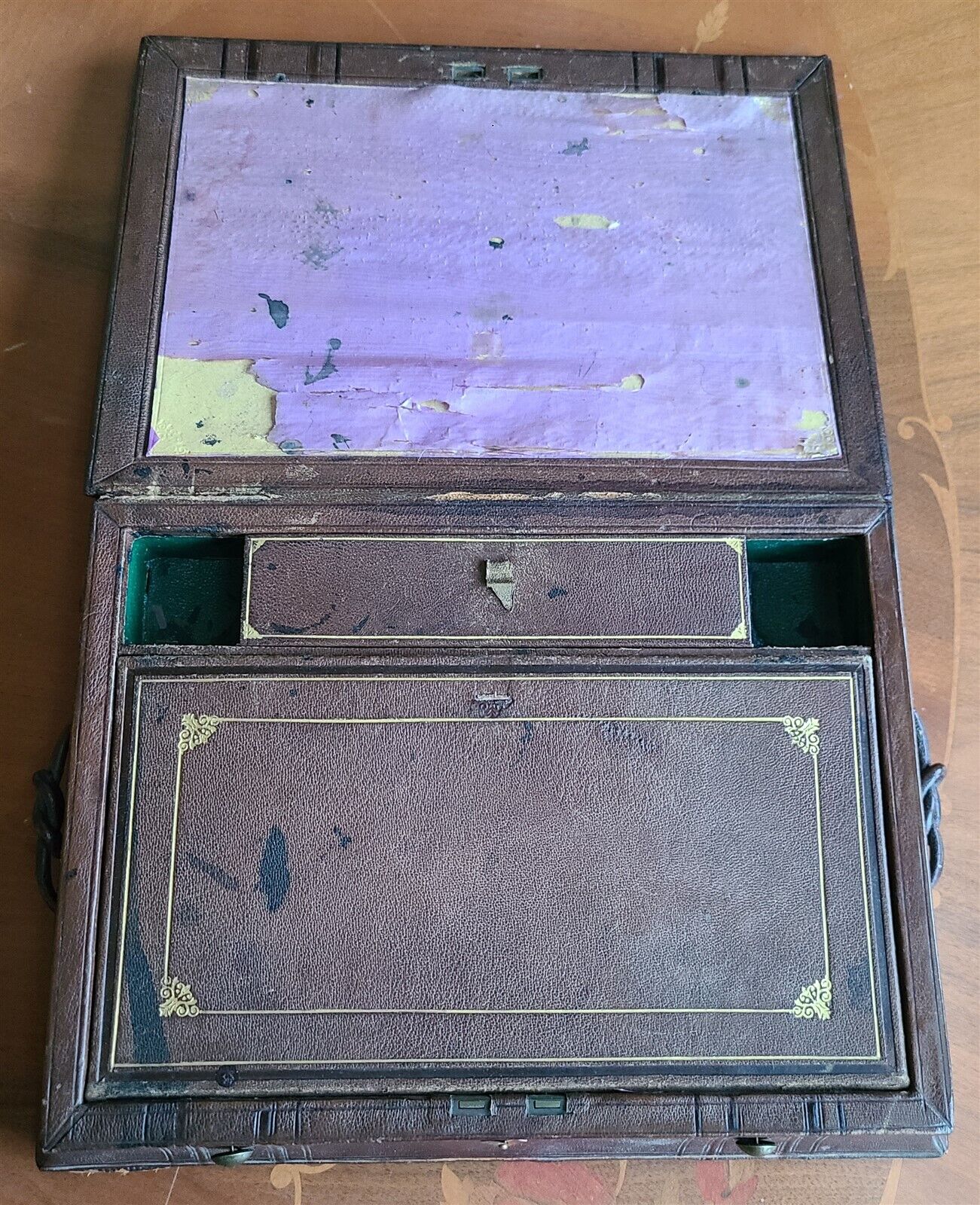 ANTIQUE TRAVELING LAP DESK BOX leather covered