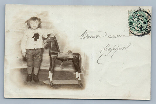 LITTLE GIRL w/ LARGE WOODEN TOY HORSE ANTIQUE REAL PHOTO POSTCARD RPPC