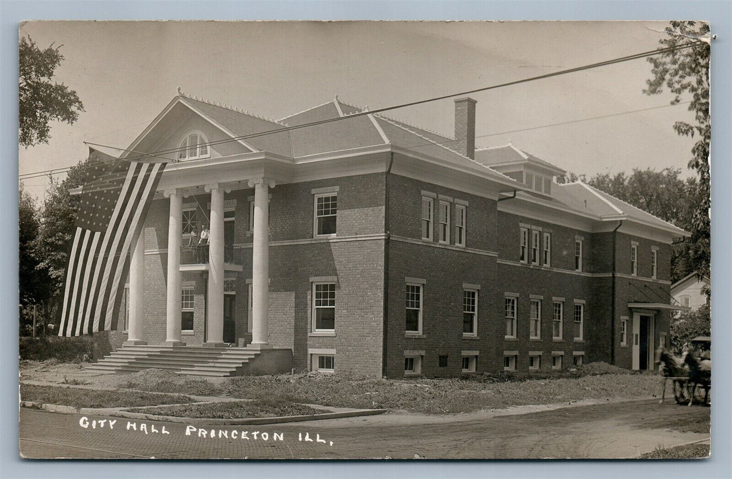 PRINCETON IL CITY HALL ANTIQUE REAL PHOTO POSTCARD RPPC w/ US FLAG PATRIOTIC