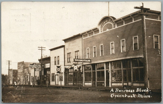 GREENBUSH MN BUSINESS BLOCK ANTIQUE REAL PHOTO POSTCARD RPPC