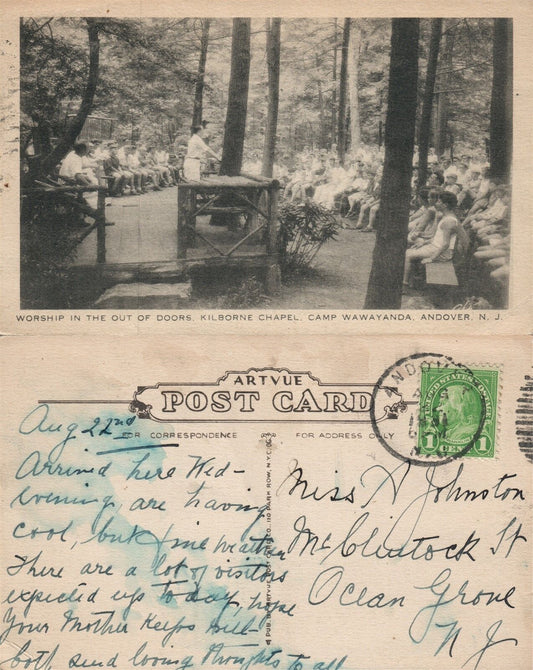 ANDOVER N.J. CAMP WAWAYNDA KILBORNE CHAPEL WORSHIP ANTIQUE POSTCARD CORK CANCEL