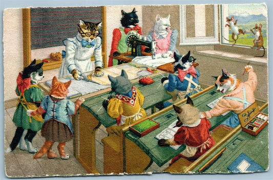 CAT'S SEWING CLASS VINTAGE POSTCARD