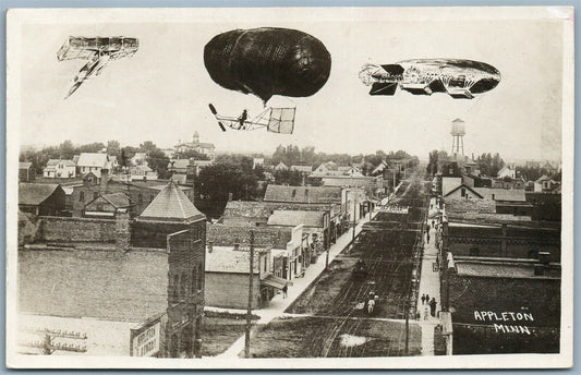 PHOTOMONTAGE AVIATION APPLETON MN ZEPPELIN AIRPLANE ANTIQUE REAL PHOTO PC RPPC