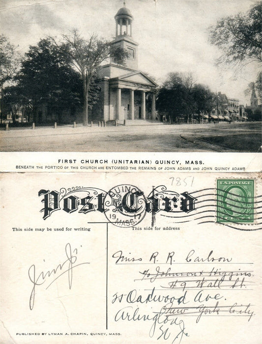 QUINCY MA FIRST CHURCH UNITARIAN 1917 ANTIQUE POSTCARD