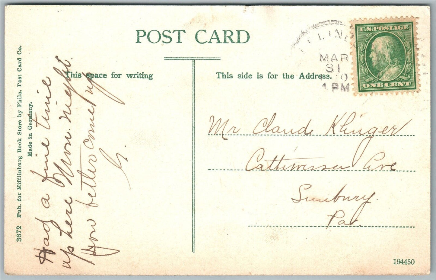 MIFFLINBURG PA THE INTAKE ANTIQUE POSTCARD