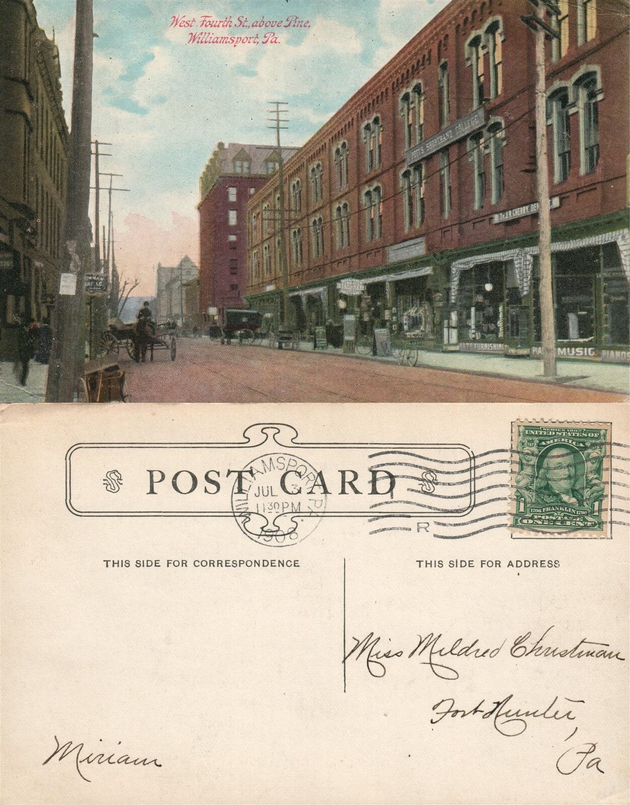 WILLIAMSPORT PA WEST FOURTH STREET 1908 ANTIQUE POSTCARD