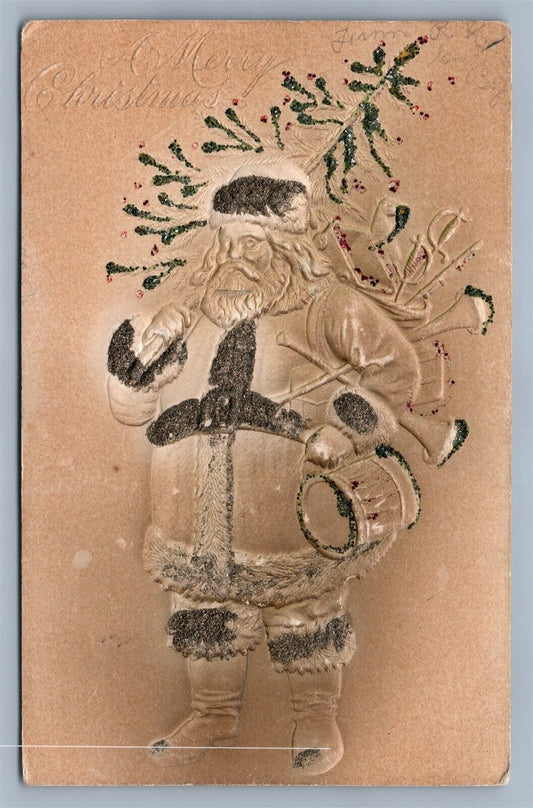 SANTA w/ CHRISTMAS TREE w/ TOYS EMBOSSED ANTIQUE POSTCARD