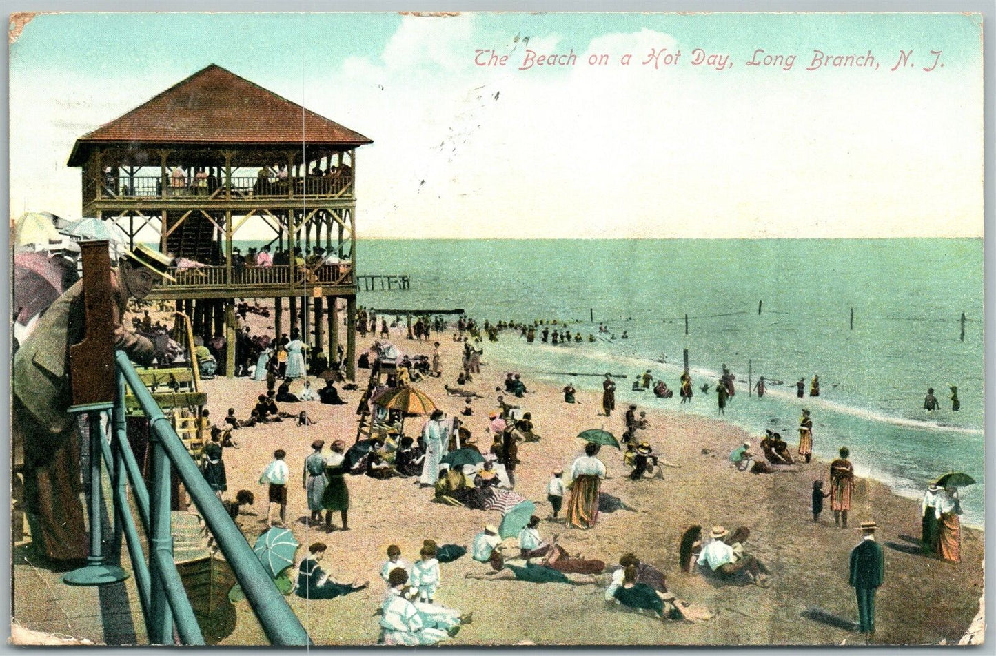 LONG BRANCH NJ BEACH ON HOT DAY 1909 ANTIQUE POSTCARD