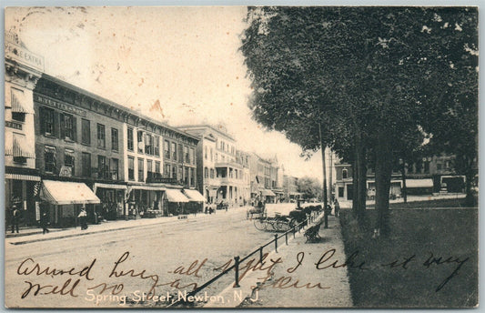 NEWTON NJ SPRING STREET UNDIVIDED 1910 ANTIQUE POSTCARD w/ CORK CANCEL
