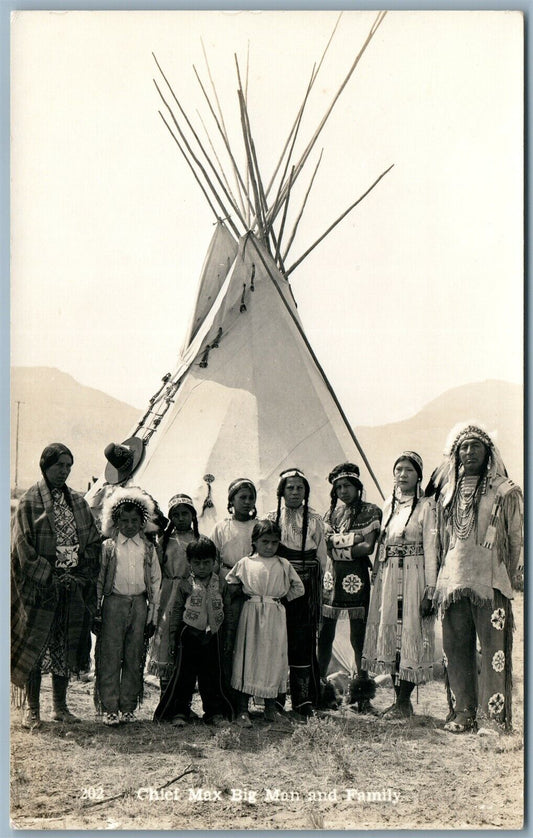 AMERICAN INDIAN CHIEF MAX BIG MAN & FAMILY ANTIQUE REAL PHOTO POSTCARD RPPC