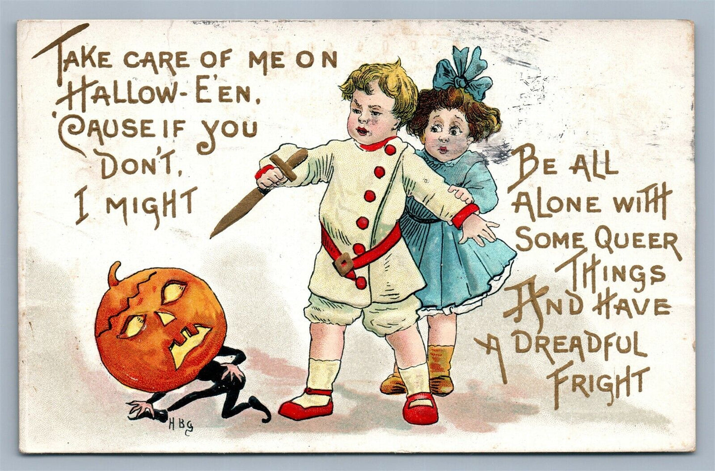 HALLOWEEN 1910 ANTIQUE EMBOSSED POSTCARD BOY w/ SWORD by Leubrie & Elkus