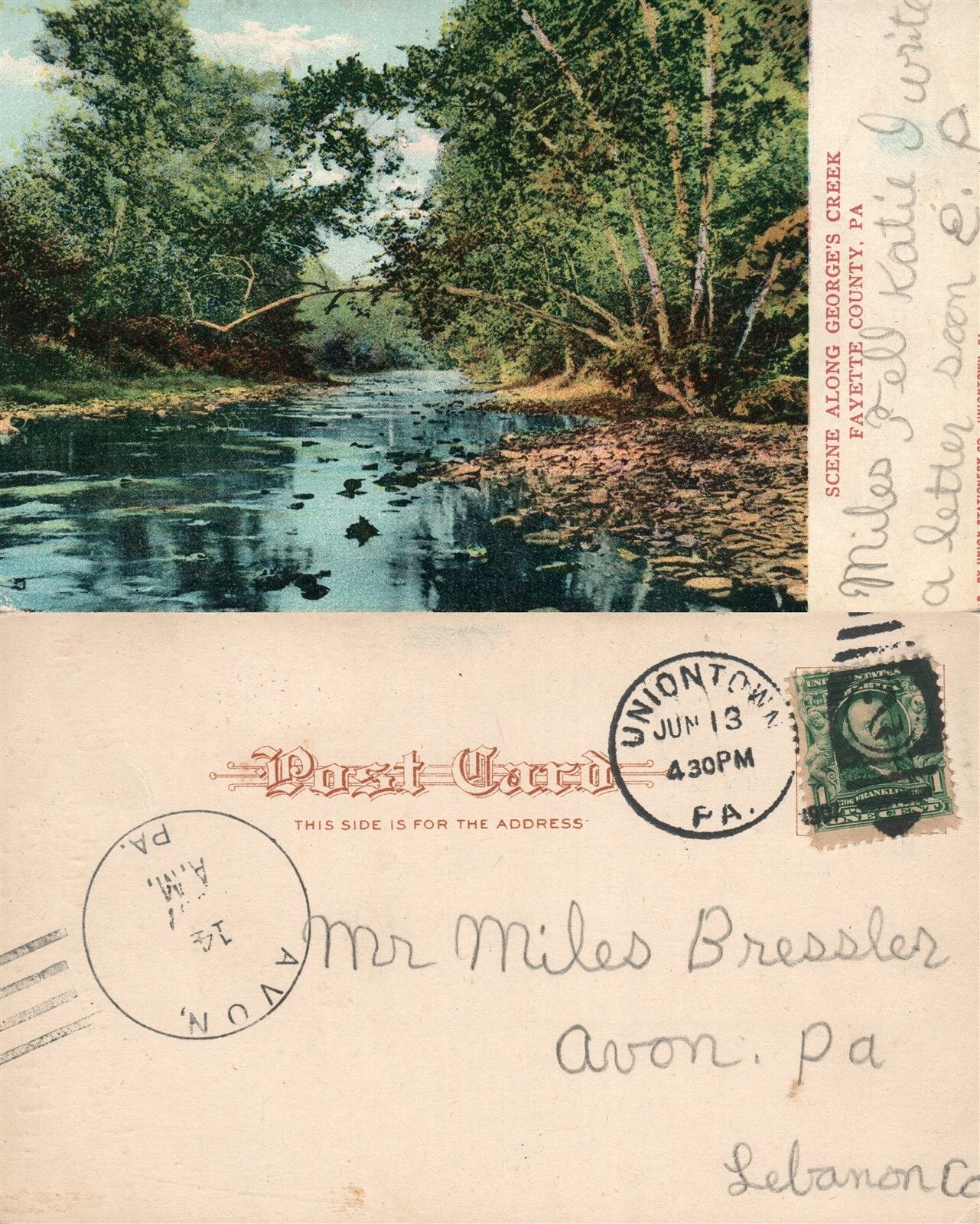 FAYETTE COUNTY PA GEORGE'S CREEK 1907 UNDIVIDED ANTIQUE POSTCARD w/ CORK CANCEL