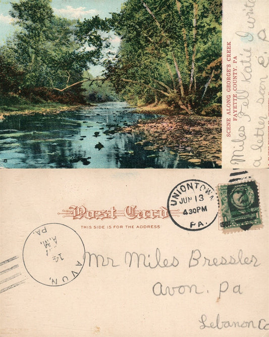 FAYETTE COUNTY PA GEORGE'S CREEK 1907 UNDIVIDED ANTIQUE POSTCARD w/ CORK CANCEL