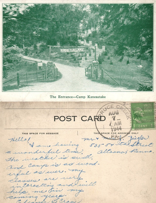 CAMP KANESATAKE PA THE ENTRANCE 1944 VINTAGE POSTCARD