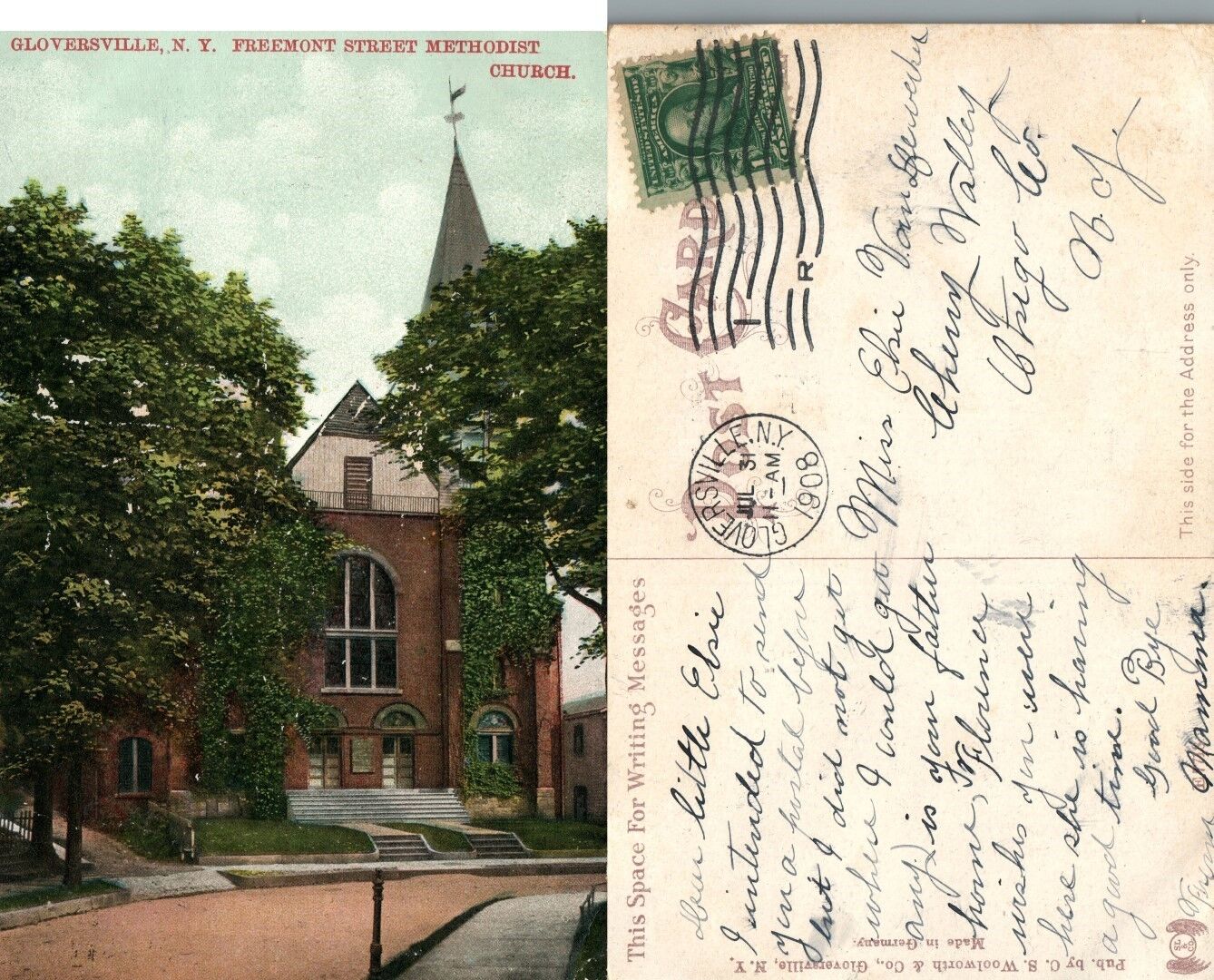 GLOVERSVILLE N.Y. FREEMONT STREET METHODIST CHURCH 1908 ANTIQUE POSTCARD
