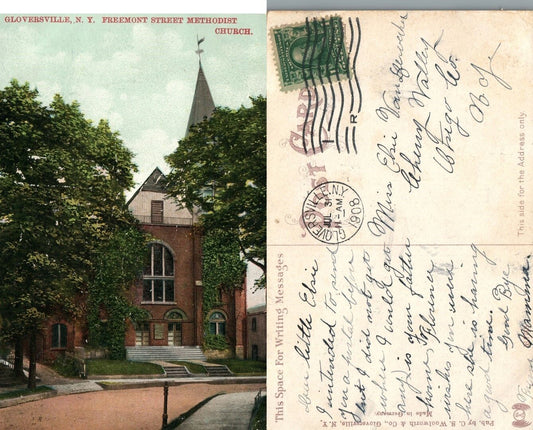 GLOVERSVILLE N.Y. FREEMONT STREET METHODIST CHURCH 1908 ANTIQUE POSTCARD