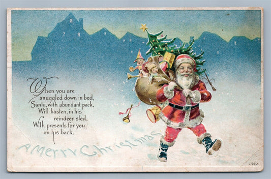 SANTA w/ TOYS & CHRISTMAS TREE 1921 ANTIQUE POSTCARD