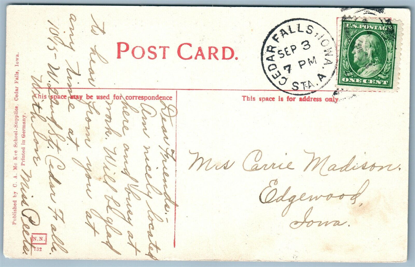 CEDAR FALLS IA IOWA STATE NORMAL SCHOOL OFFICE ANTIQUE POSTCARD