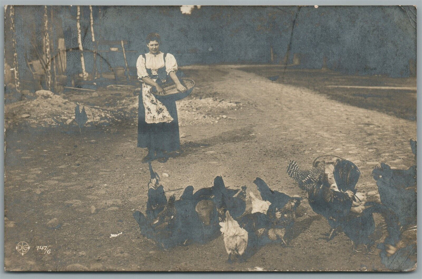 FEEDING CHICKENS ANTIQUE REAL PHOTO POSTCARD RPPC