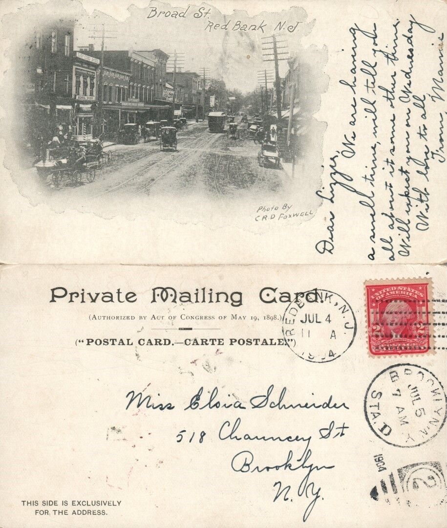 RED BANK N.J BROAD STREET 1904 ANTIQUE POSTCARD PRIVATE MAILING CARD CORK CANCEL
