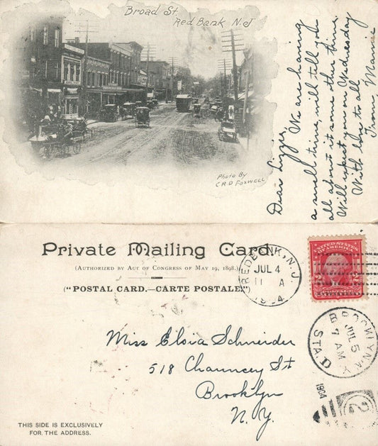 RED BANK N.J BROAD STREET 1904 ANTIQUE POSTCARD PRIVATE MAILING CARD CORK CANCEL