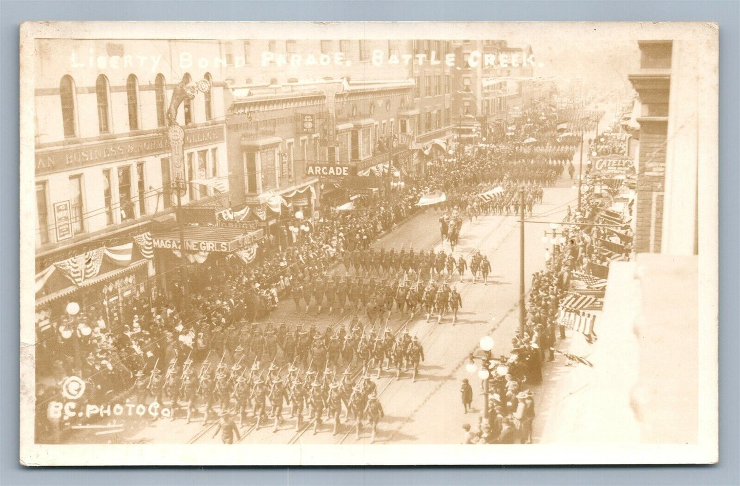 BATTLE CREEK MI LIBERTY BOND PARADE ANTIQUE REAL PHOTO POSTCARD RPPC