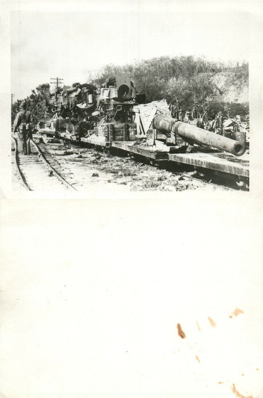 RAILROAD CAR w/ DESTROYED MILITARY EQUIPMENT CANNON VINTAGE REAL PHOTO