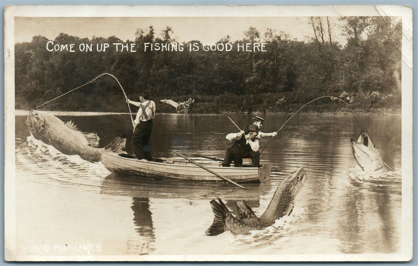 FISHING ANTIQUE 1914 EXAGGERATED REAL PHOTO POSTCARD RPPC