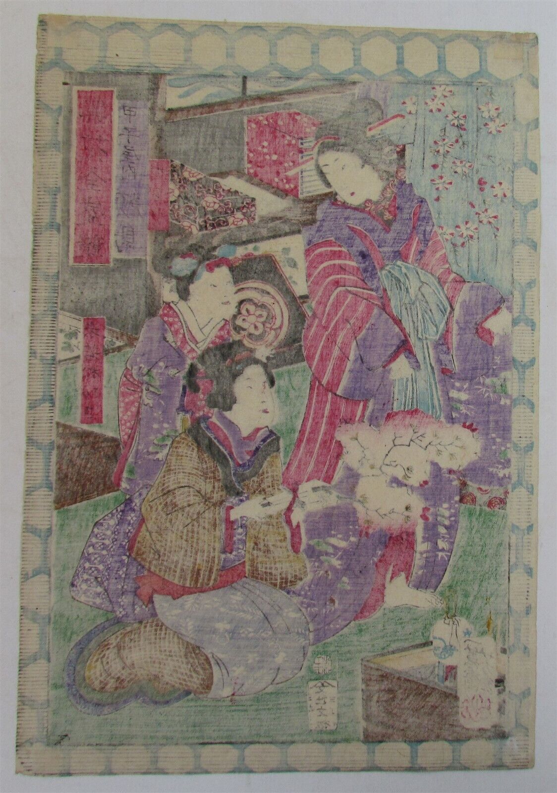 JAPANESE WOODBLOCK PRINT ANTIQUE by OCHIAI YOSHIIKU 1869 Colors of Spring series