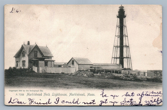 MARBLEHEAD NECK LIGHTHOUSE MA 1907 ANTIQUE POSTCARD