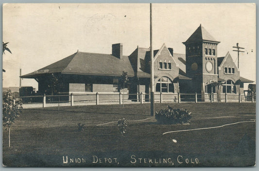 STERLING CO RAILROAD DEPOT RAILWAY STATION ANTIQUE REAL PHOTO POSTCARD RPPC