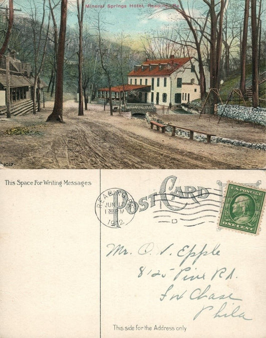 READING PA MINERAL SPRINGS HOTEL 1912 ANTIQUE POSTCARD