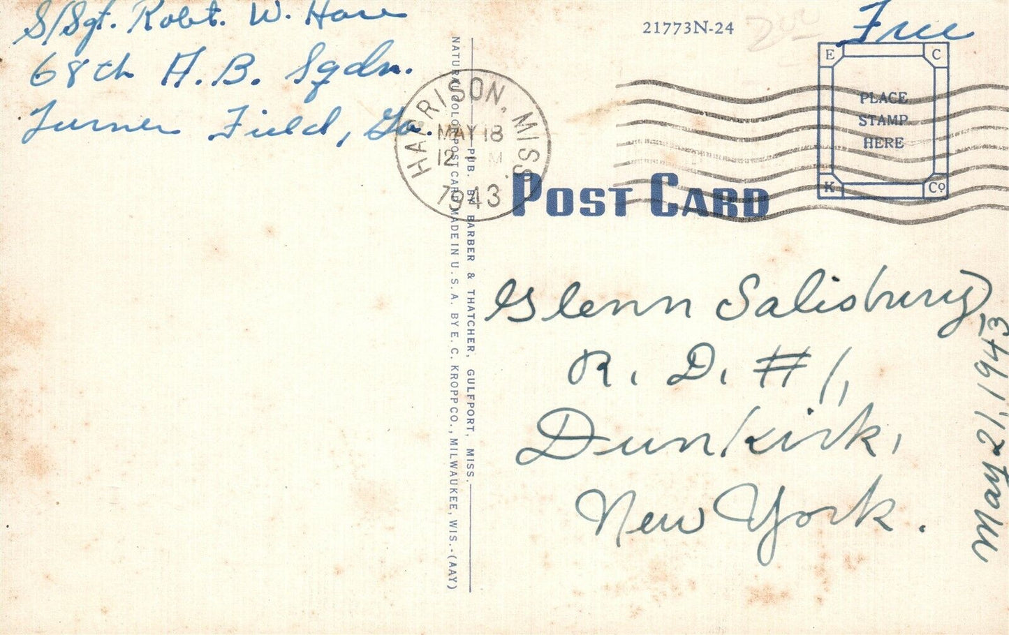 GULFPORT FIELD GREETINGS 1943 VINTAGE airplaine POSTCARD