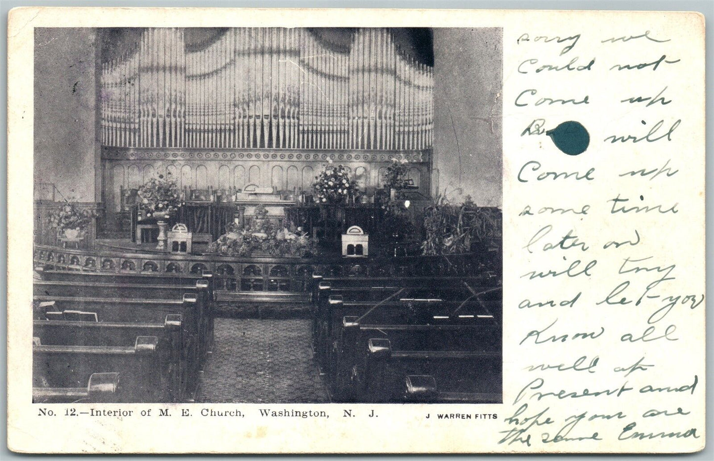 WASHINGTON NJ INTERIOR OF M.E.CHURCH UNDIVIDED ANTIQUE POSTCARD w/ CORK CANCEL