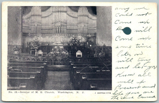WASHINGTON NJ INTERIOR OF M.E.CHURCH UNDIVIDED ANTIQUE POSTCARD w/ CORK CANCEL