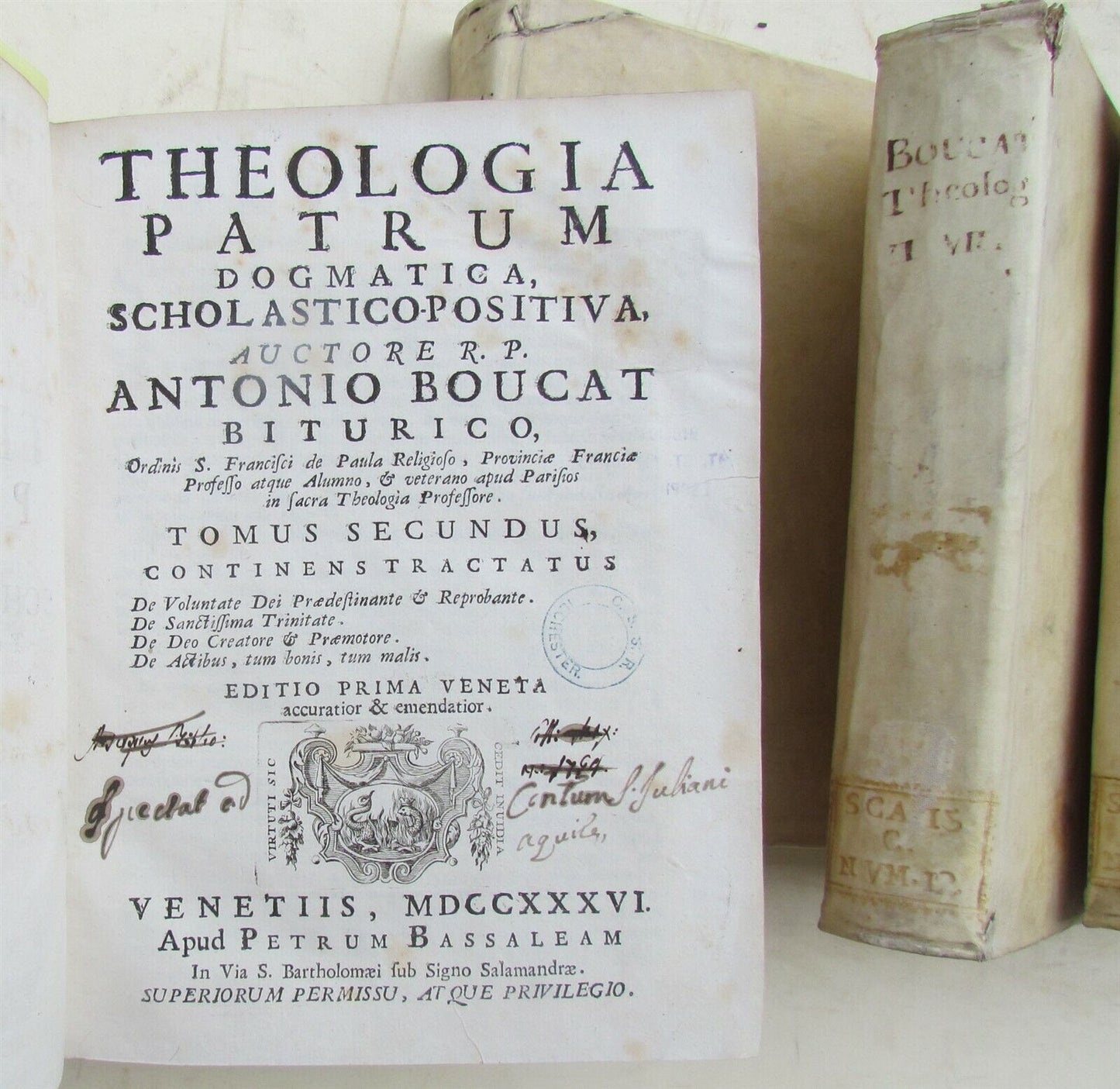 1736 VELLUM BINDING 7 VOLUMES LOT THEOLOGIA PATRUM by ANTONIO BOUCAT ANTIQUE