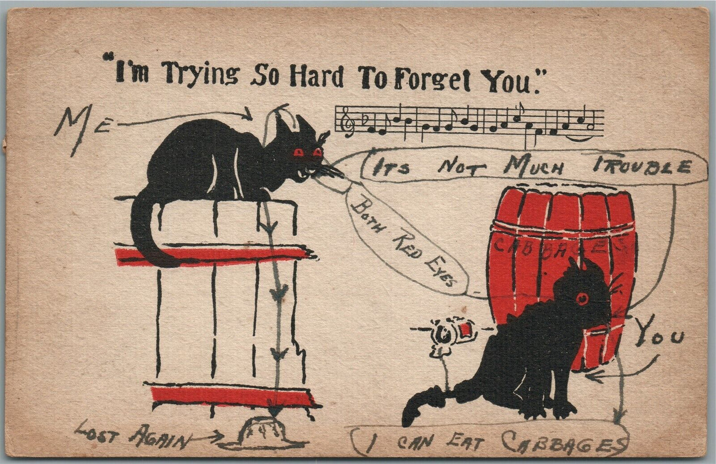 BLACK CATS COMIC 1907 ANTIQUE POSTCARD I AM TRYING SO HARD TO FORGET YOU