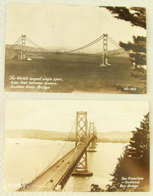 LOT OF 2 BRIDGES OF SAN FRANCISCO CALIFORNIA VINTAGE REAL PHOTO POSTCARDS RPPC