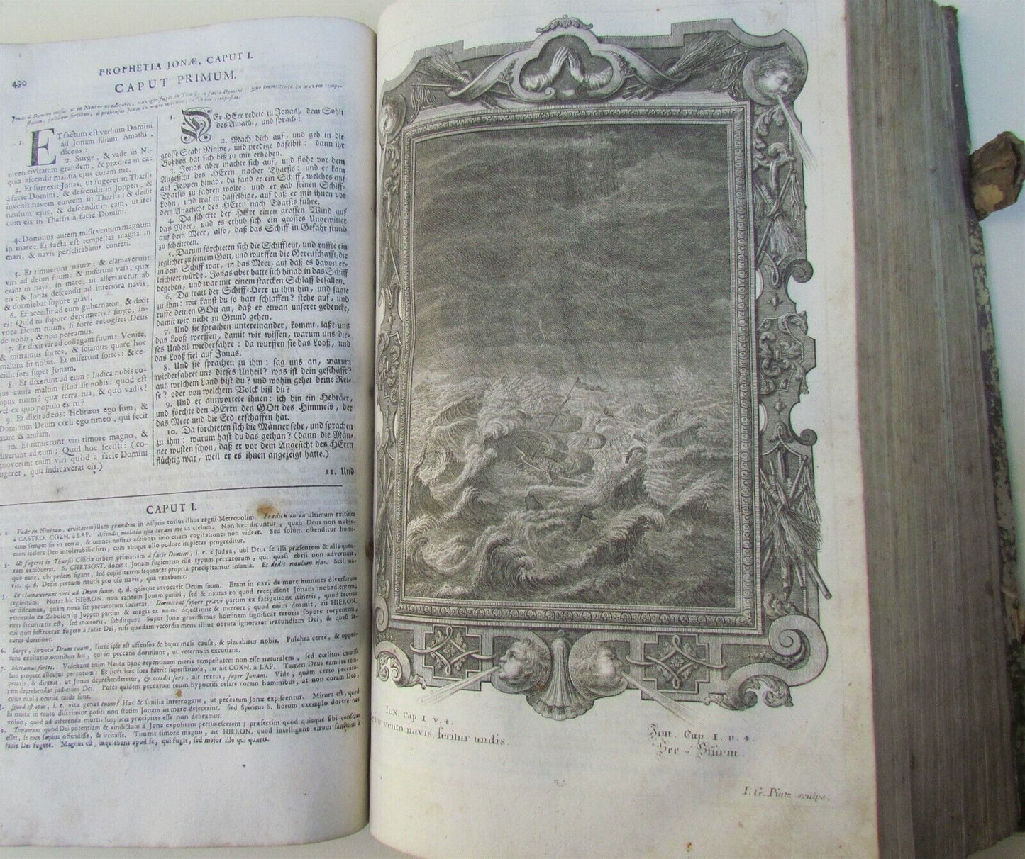 1751 PIGSKIN BINDING BIBLE BIBLIA SACRA FOLIO 9.5 x 15" antique ILLUSTRATED