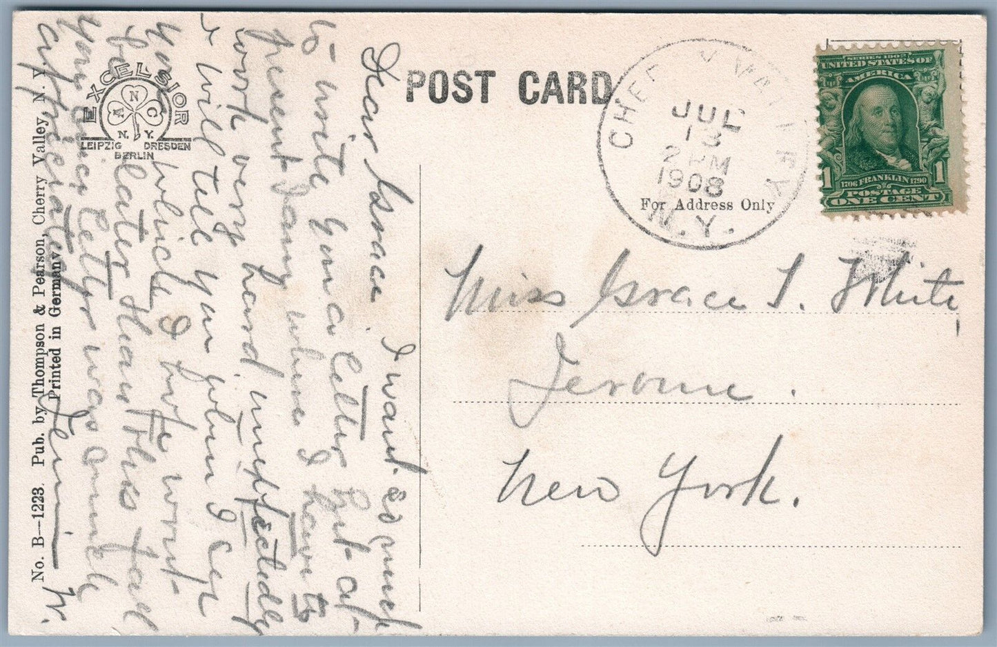 CHERRY VALLEY NY MAPLE AVENUE 1908 ANTIQUE POSTCARD