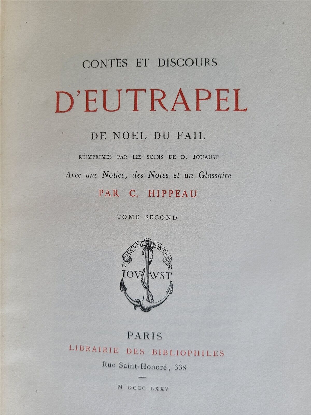 1875 CONTES et DISCOURS D'EUTRAPEL antique 2 VOLUMES LIMITED EDITION in FRENCH