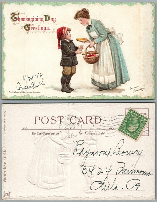 ARTIST SIGNED FRANCES BRUNDAGE 1912 ANTIQUE THANKSGIVING EMBOSSED POSTCARD